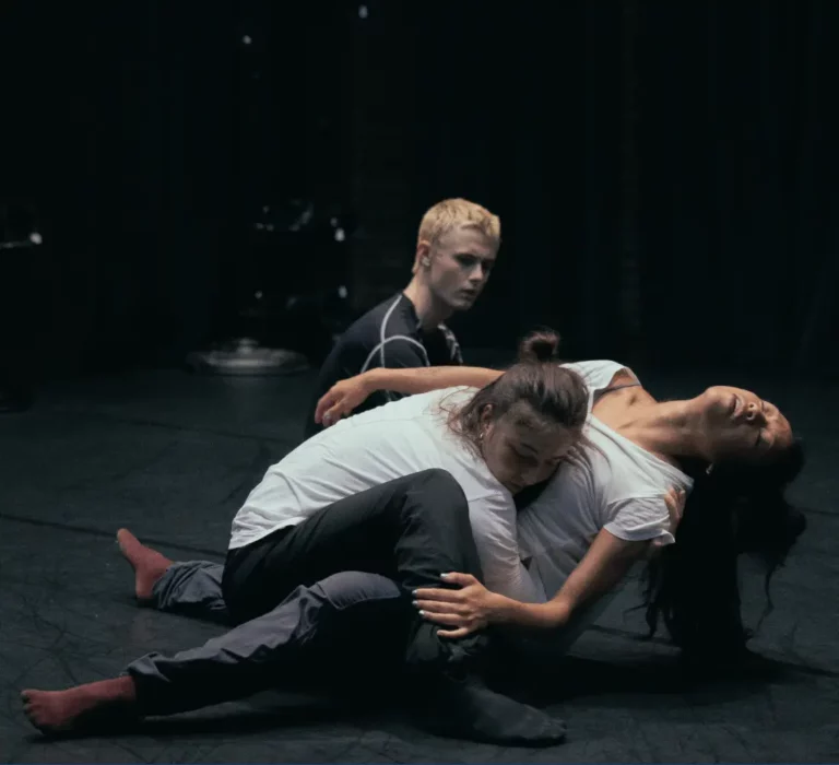 Workshop In-Process Performance of Dangerous Vacancies in June 2023 at Crow’s Theatre in Toronto, Ontario, Canada, at the FLIGHT Dance Residency organized by Côté Danse. Featuring dancers: Willem Sadler, Miykeo Ferguson and Natasha Poon Woo Photographer: Fran Chudnoff