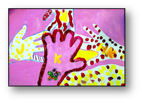 Pink and yellow hands painted on a paper. Credit: Daniel Potts