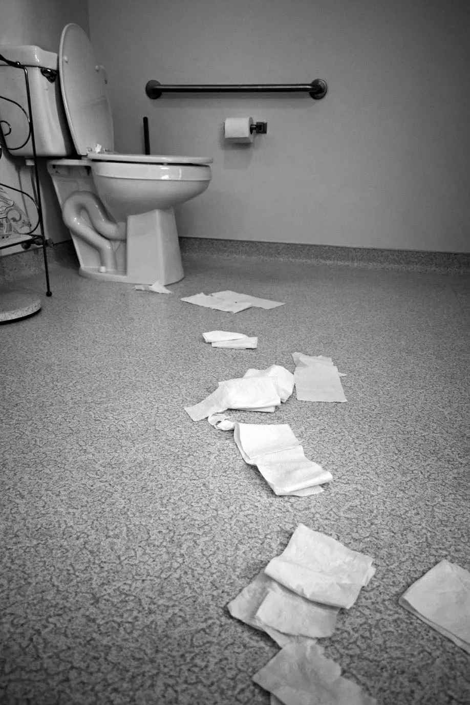 Photo of bathroom floor covered in toilet paper squares. Katie Benson
