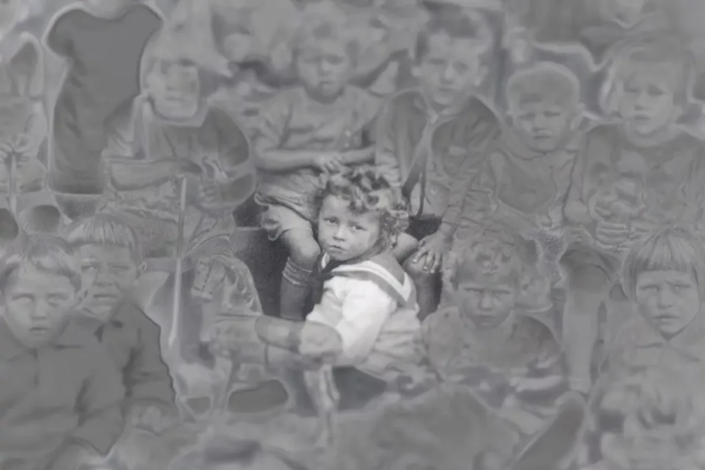 First photograph of the artist’s father, kindergarten 1929. This image will be the cover of the book. The artist chose to blur the other children as if the world around the young man at its center had changed.
