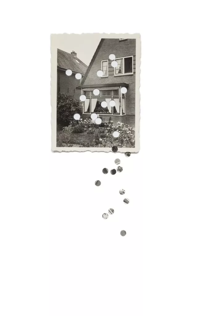 The place where Piet van Dam lived with his family. Parts of the photo are punched out, like holes in the memory.