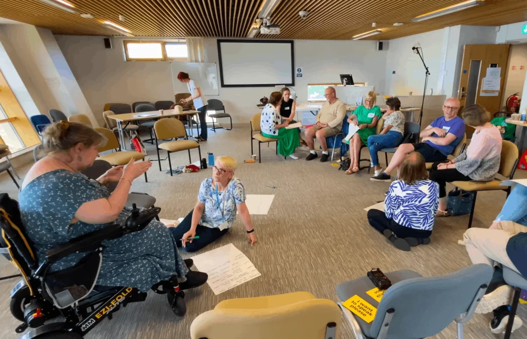 Artist Andrea Capstick and Tumbling Hill Productions work with members of Pathways support group at an arts workshop built around a theme, for example, what you would take to a dessert island. The work created during these workshops can be seen in Beyond Memory display. 
