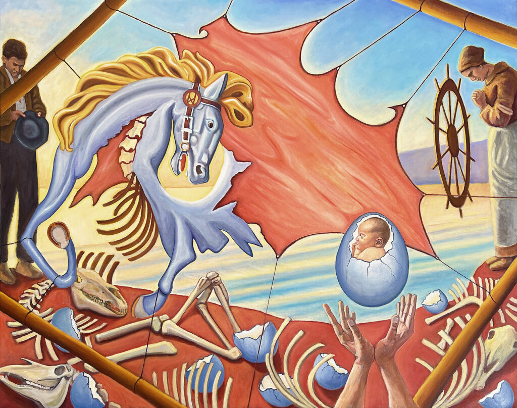 Interpretive painting of dementia showing a carousel horse being dissected in an imaginative setting.
