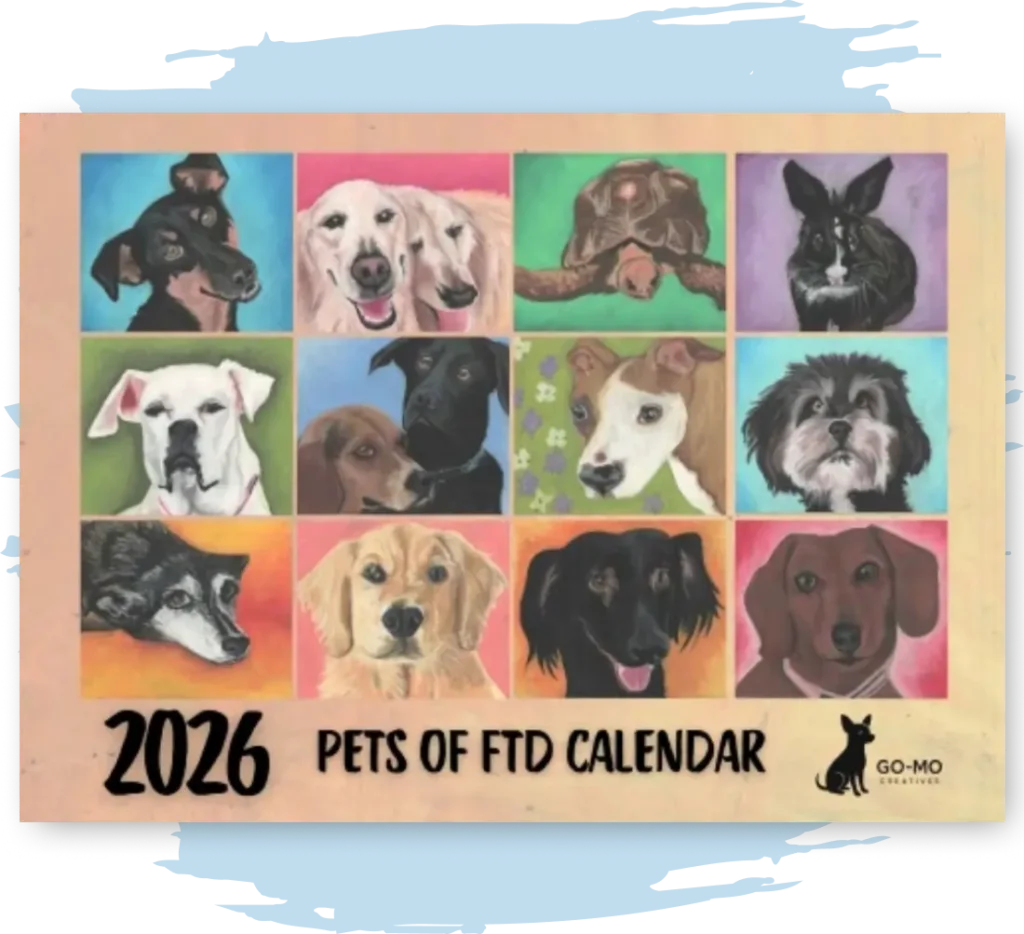 2026 Calendar cover showing 12 paintings of dogs.