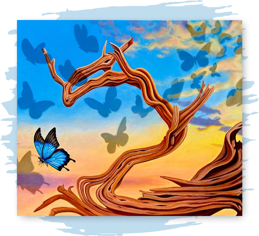 Memory Tree by Alexander Koleszar shows a blue butterfly flying away from a tree branch. There are shadows of other butterflies in the sunset background.