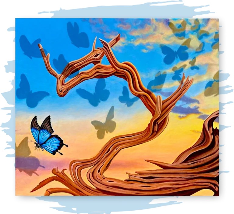 Memory Tree by Alexander Koleszar shows a blue butterfly flying away from a tree branch. There are shadows of other butterflies in the sunset background.