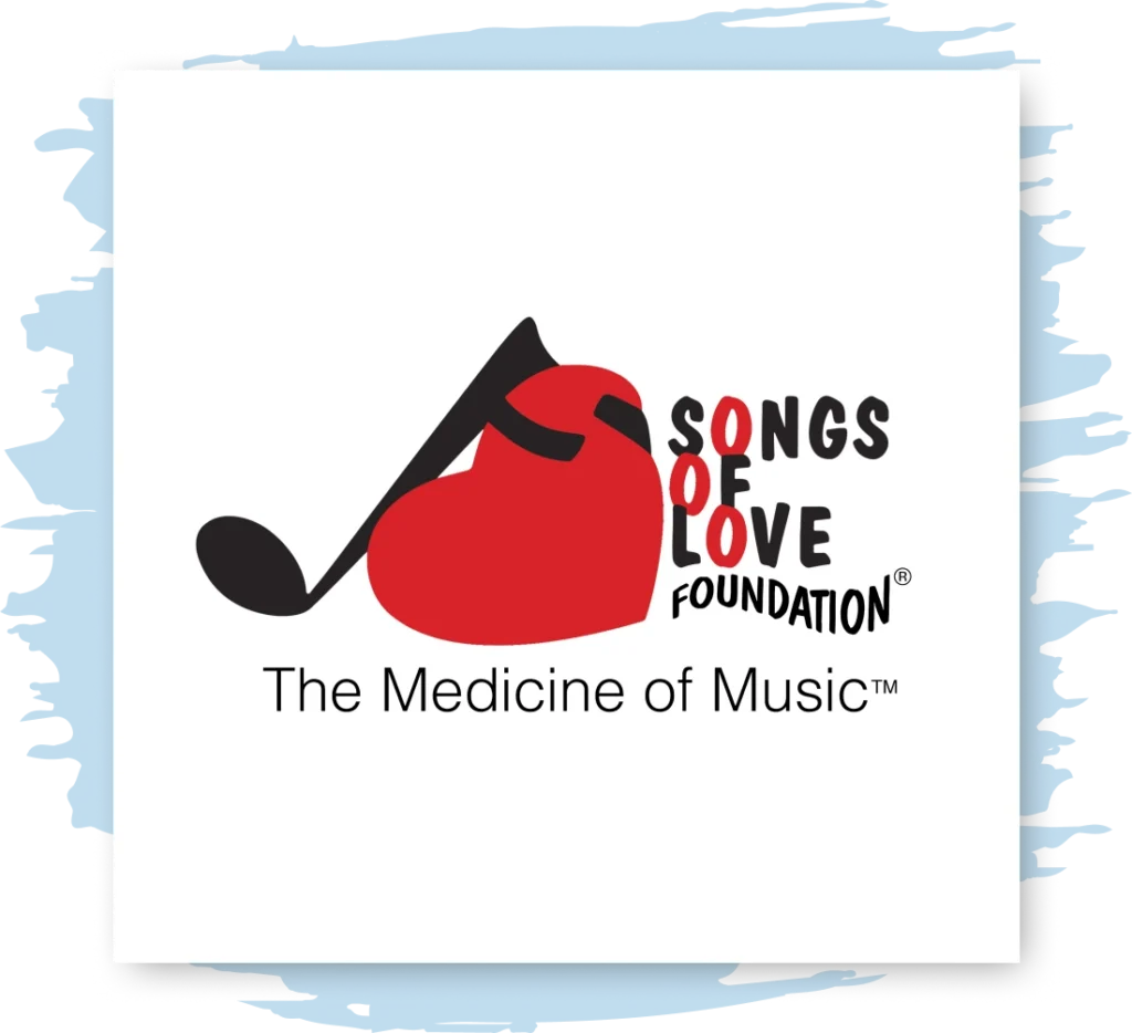 Logo of Songs of Love "The Medicine of Music" project that shows a music note hugging a heart next to the name.