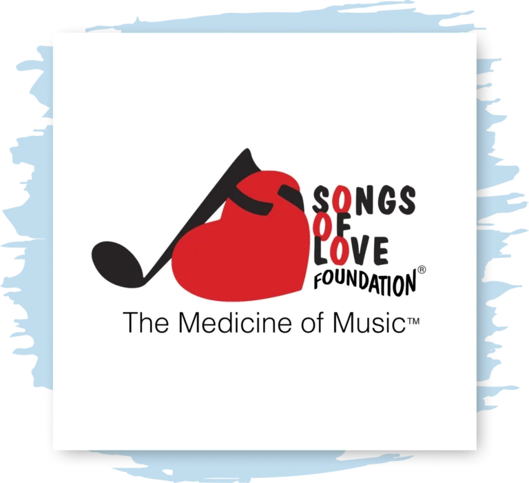 Logo of Songs of Love "The Medicine of Music" project that shows a music note hugging a heart next to the name.