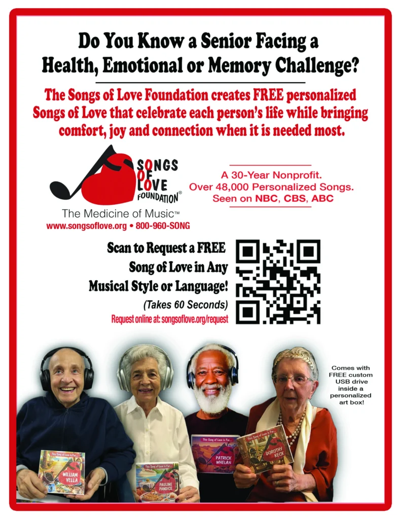 Flyer for the Songs of Love Foundation project, with a QR code and website callout at www.songsoflove.org/request