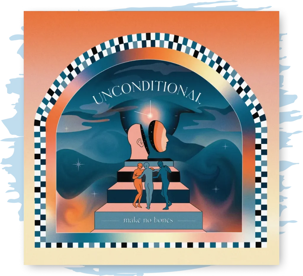 Album cover with warm vivid colors, an an illustration of people climbing up a latter towards an abstract human head.