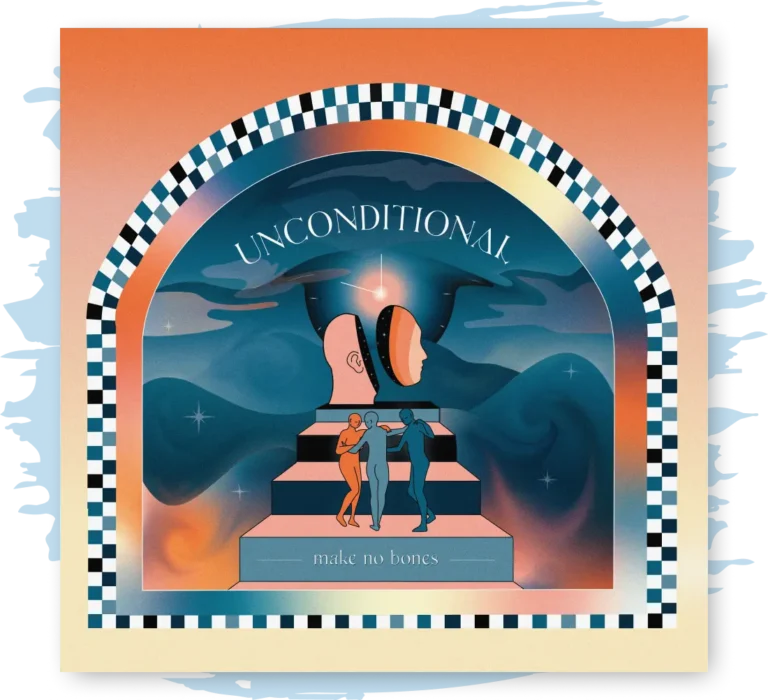 Album cover with warm vivid colors, an an illustration of people climbing up a latter towards an abstract human head.