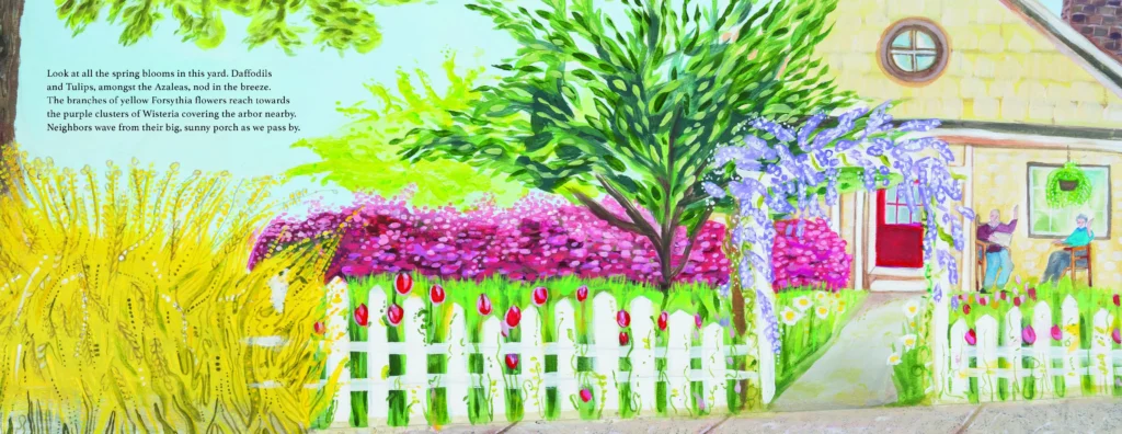 A two-page spread from the book "Take My Hand" showing a bright and blooming front lawn with two people sitting on the porch.