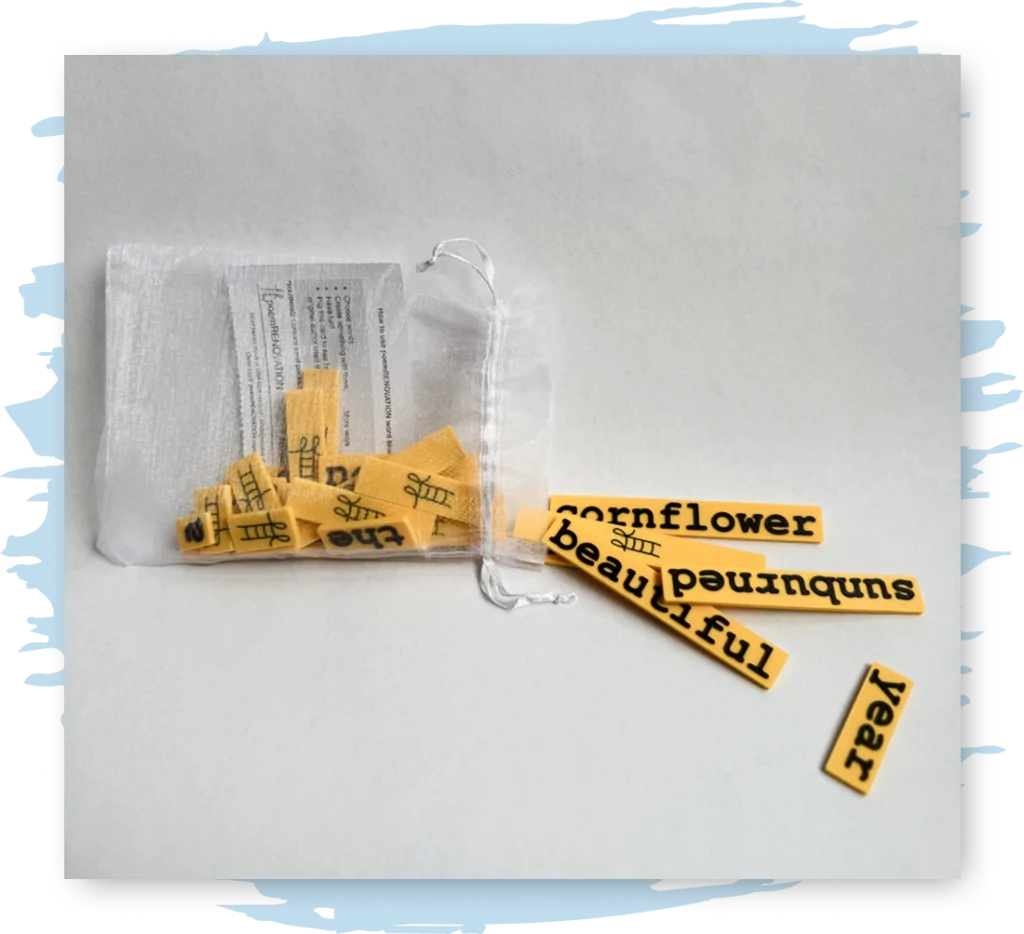 Words on bright yellow strips fall out of a small drawstring bag