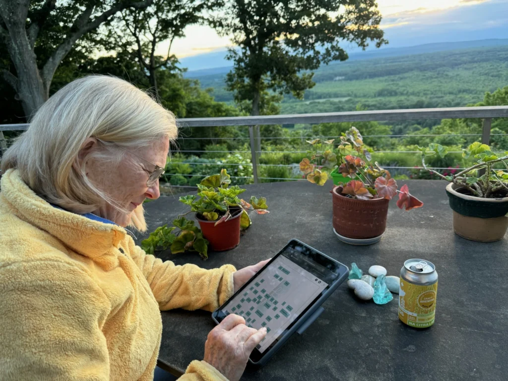 Woman sits outside and plays poemRENOVATION on her ipad
