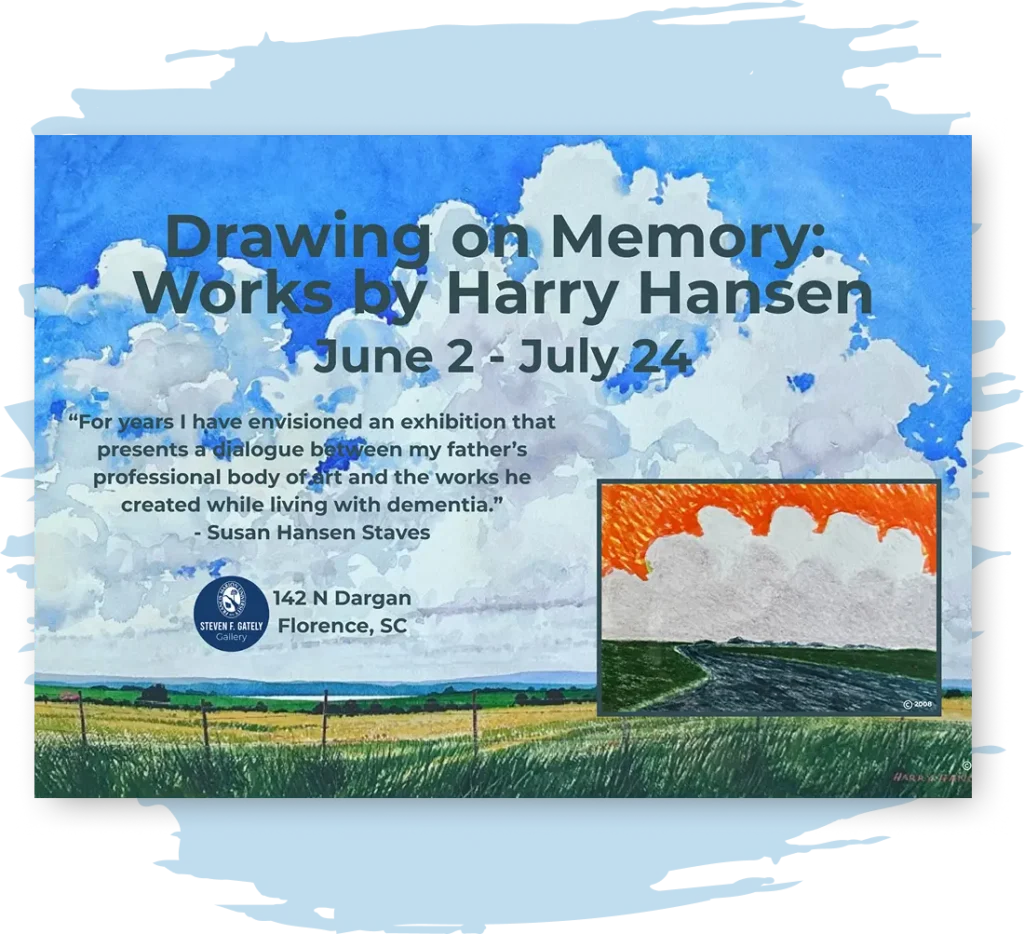 Invitation to event Drawing on Memory, with a hand-painted background of rolling green hills and gorgeous fluffy clouds