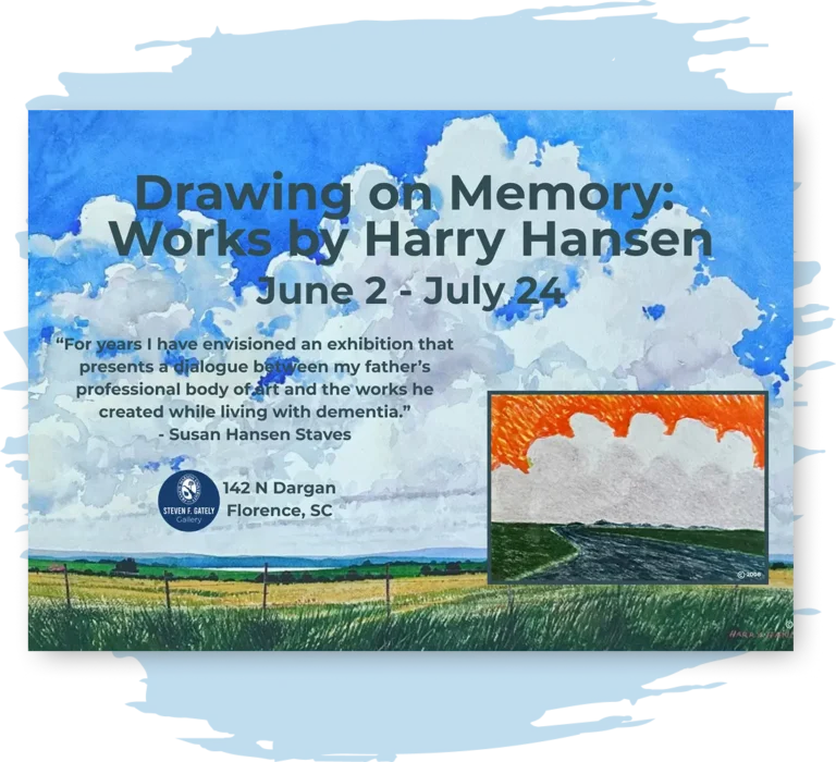 Invitation to event Drawing on Memory, with a hand-painted background of rolling green hills and gorgeous fluffy clouds