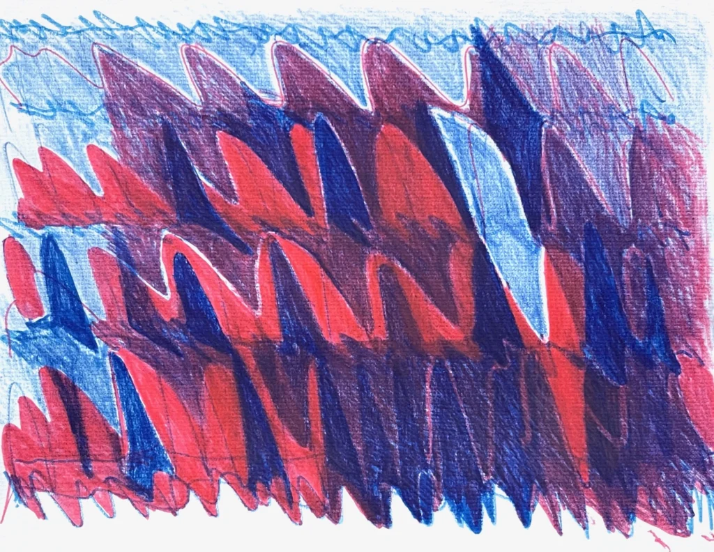 A vivid abstract artwork with high waves of alternative red and blue colors.