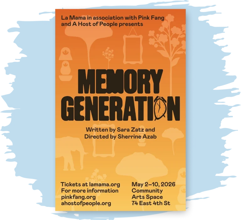 Performance poster for 'Memory Generation' by Zatz and Sherrine. It's orange, with light organic shapes of nature and human-made objects.