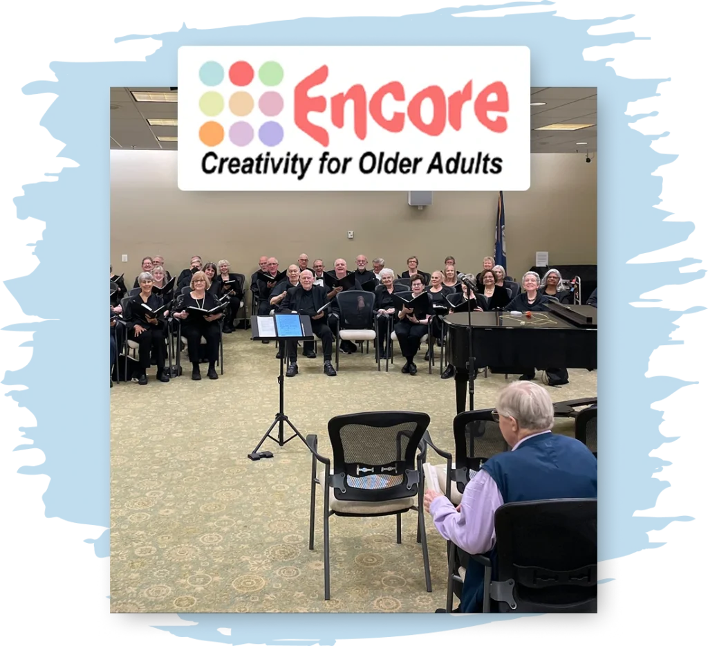 The logo for Encore sits on top of an image of a class of people reading music together