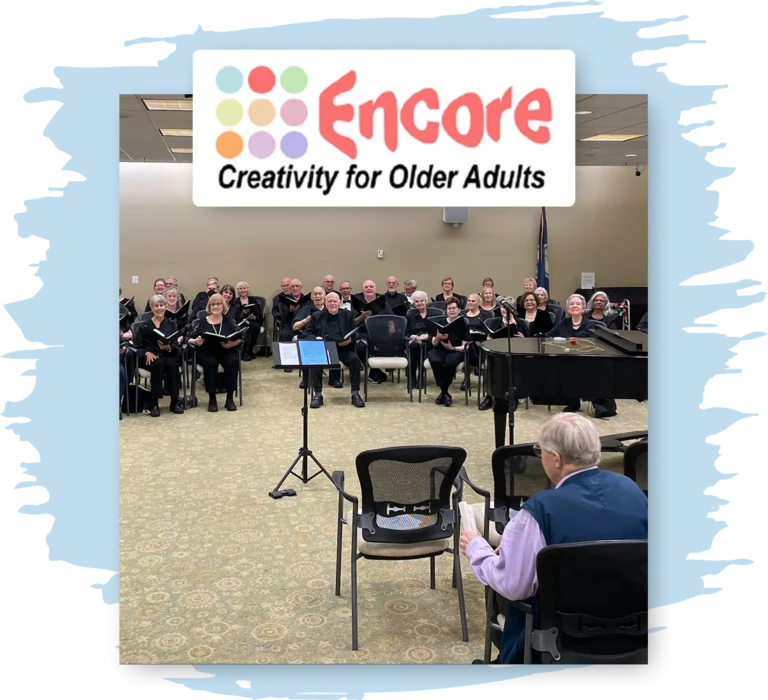 The logo for Encore sits on top of an image of a class of people reading music together