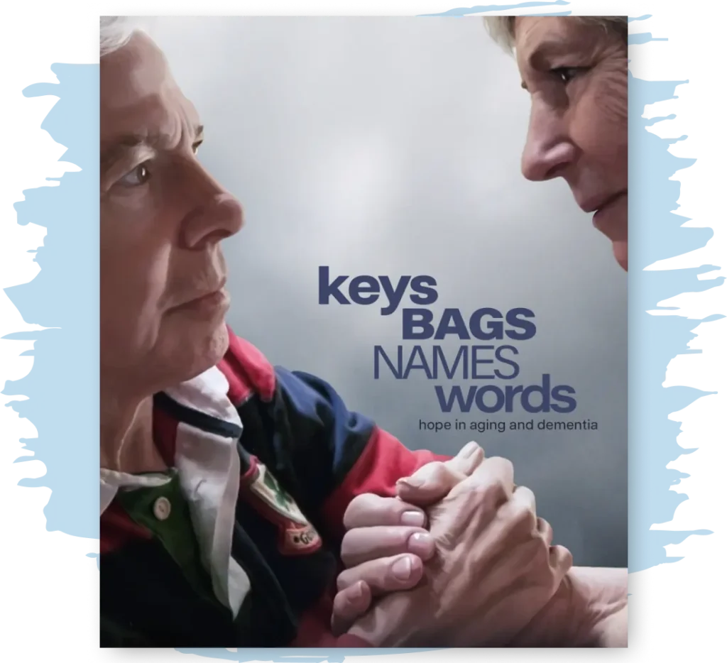 Movie poster for Keys Bags Names Words, showing two people clasping hands, and looking at each other