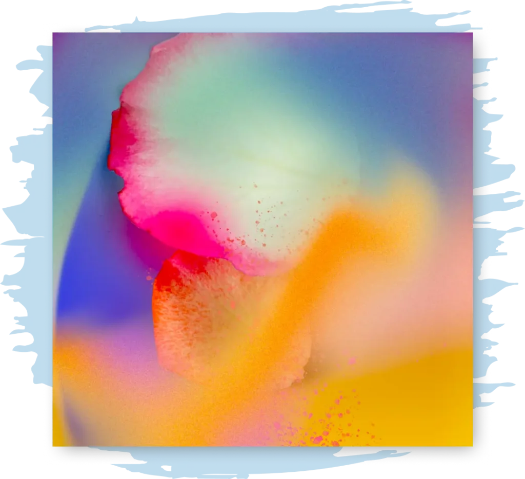 Brightly colorful image of an orchid with abstracted color blobs surrounding it