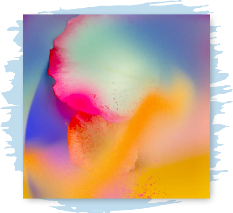 Brightly colorful image of an orchid with abstracted color blobs surrounding it