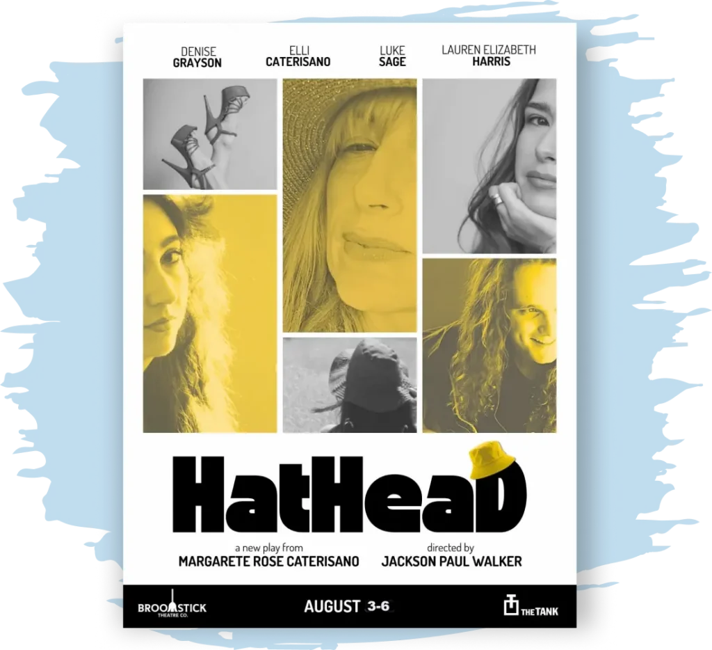 flyer for Hat Head play, showing a gray and yellow series of tiled images