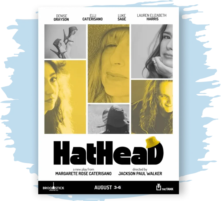 flyer for Hat Head play, showing a gray and yellow series of tiled images