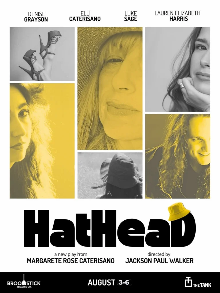 flyer for Hat Head play, showing a gray and yellow series of tiled images