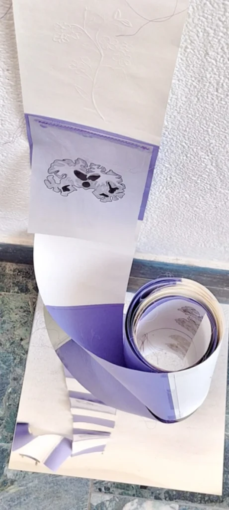 A half-rolled scroll of brain matter images on alternating purple and white squares